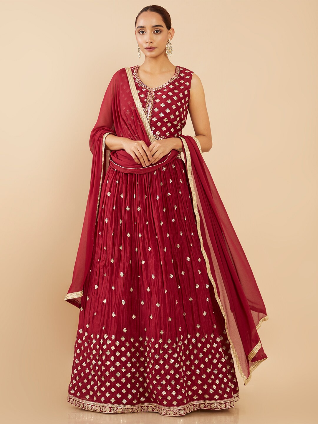 

Soch Maroon & Gold-Toned Embellished Sequinned Ready to Wear Lehenga & Blouse With Dupatta