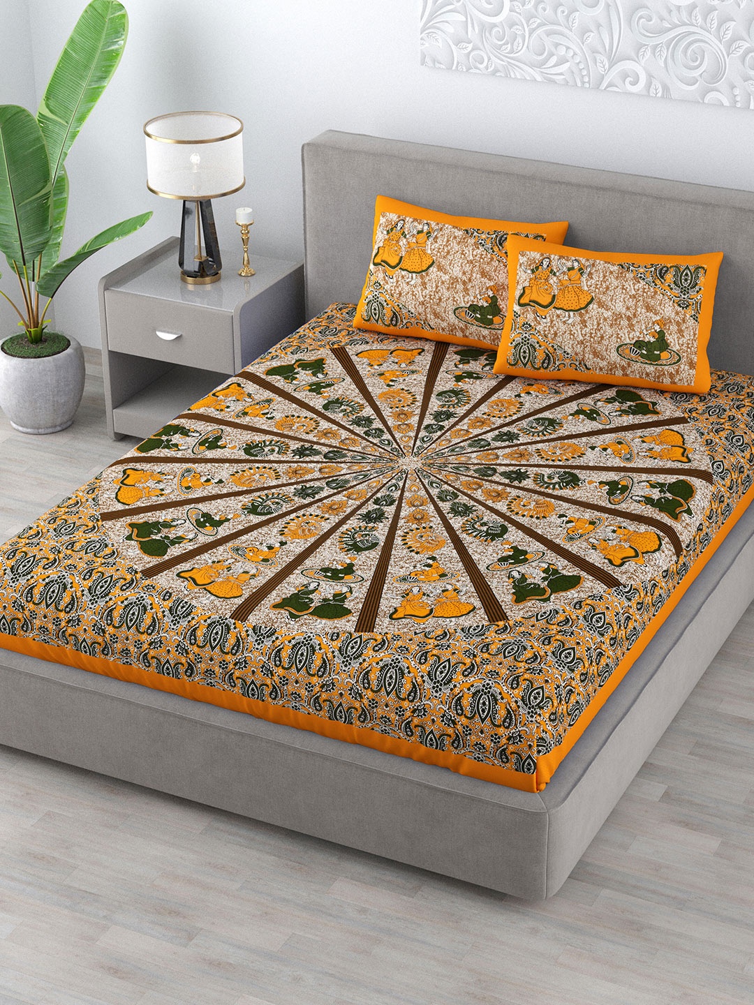 

Varde Yellow & Orange Floral 120 TC Queen Bedsheet with 2 Pillow Covers