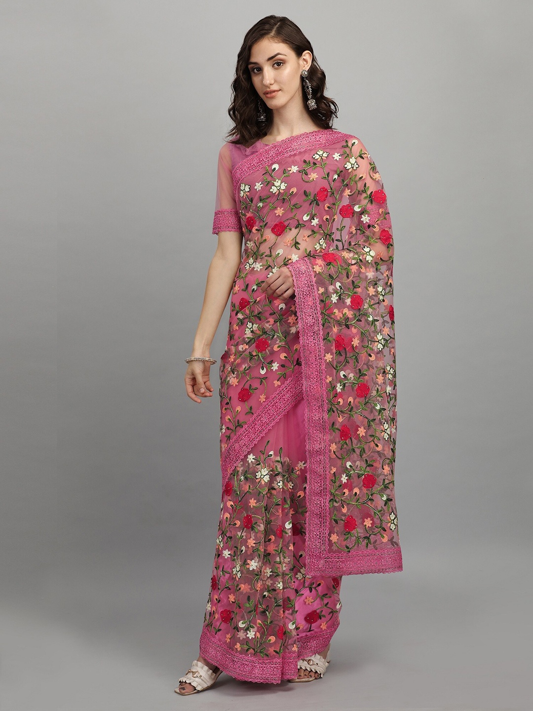 

RAJGRANTH Pink & Green Floral Embroidered Net Ready to Wear Saree