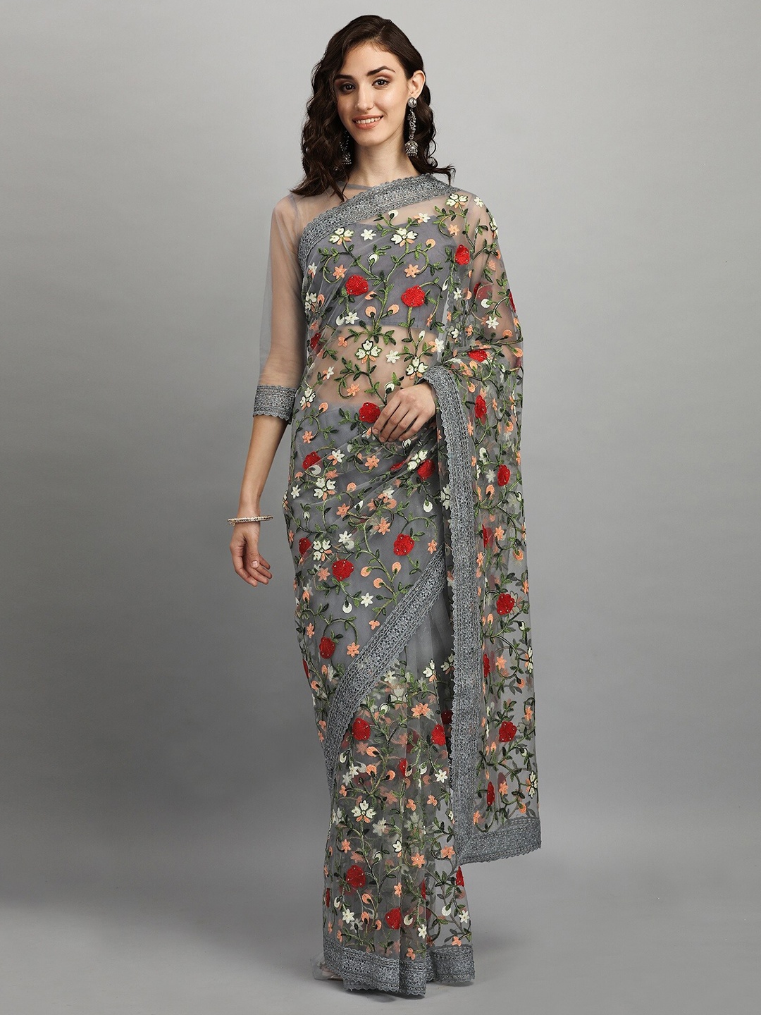 

RAJGRANTH Grey & Red Floral Embroidered Net Ready to Wear Saree