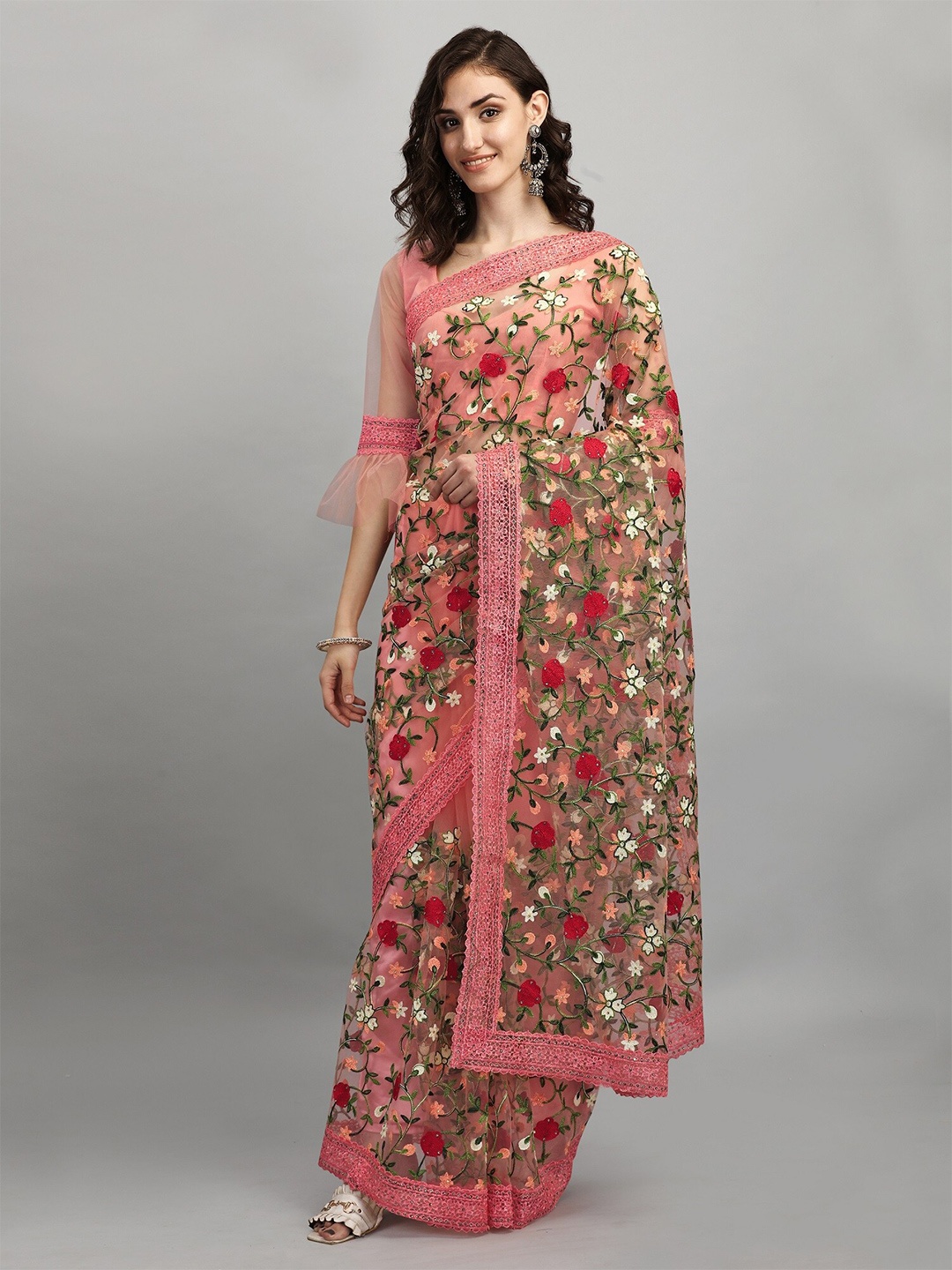 

RAJGRANTH Peach-Coloured & Green Floral Embroidered Net Ready to Wear Saree