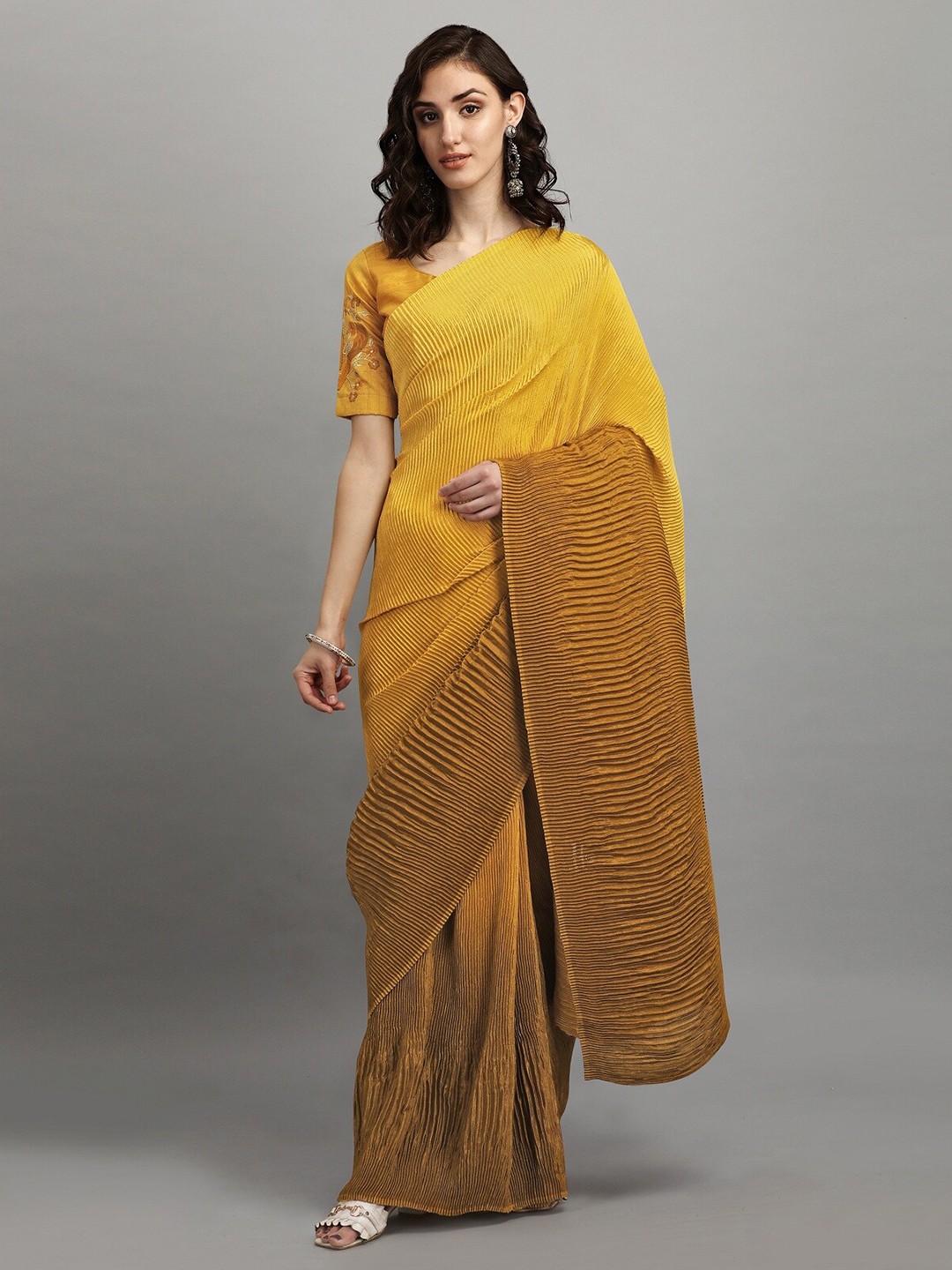 

RAJGRANTH Mustard & Brown Striped Embroidered Ready to Wear Saree