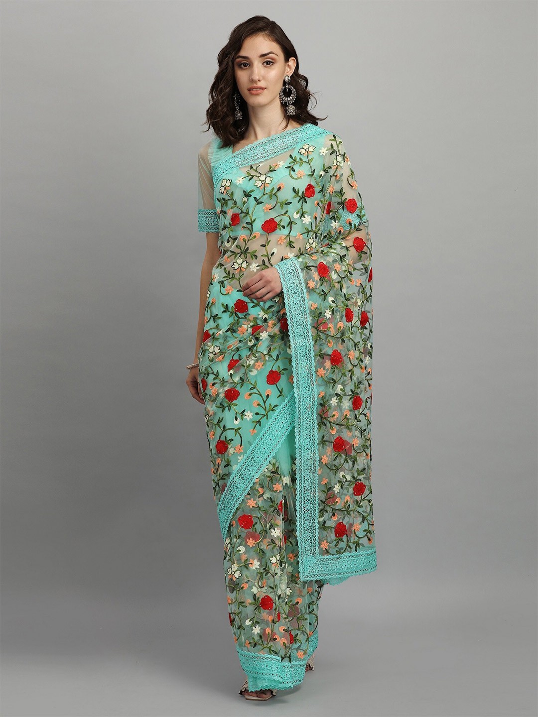 

RAJGRANTH Turquoise Blue & Green Floral Embroidered Net Ready to Wear Saree