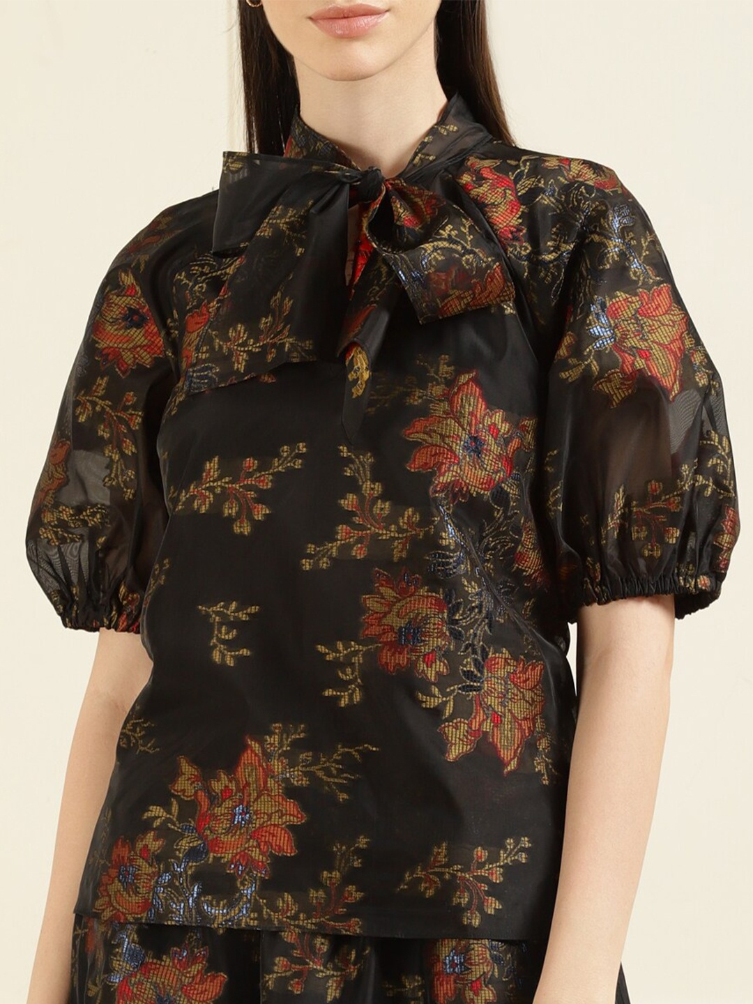 

Ted Baker Women Black & Red Floral Print Tie-Up Neck Top
