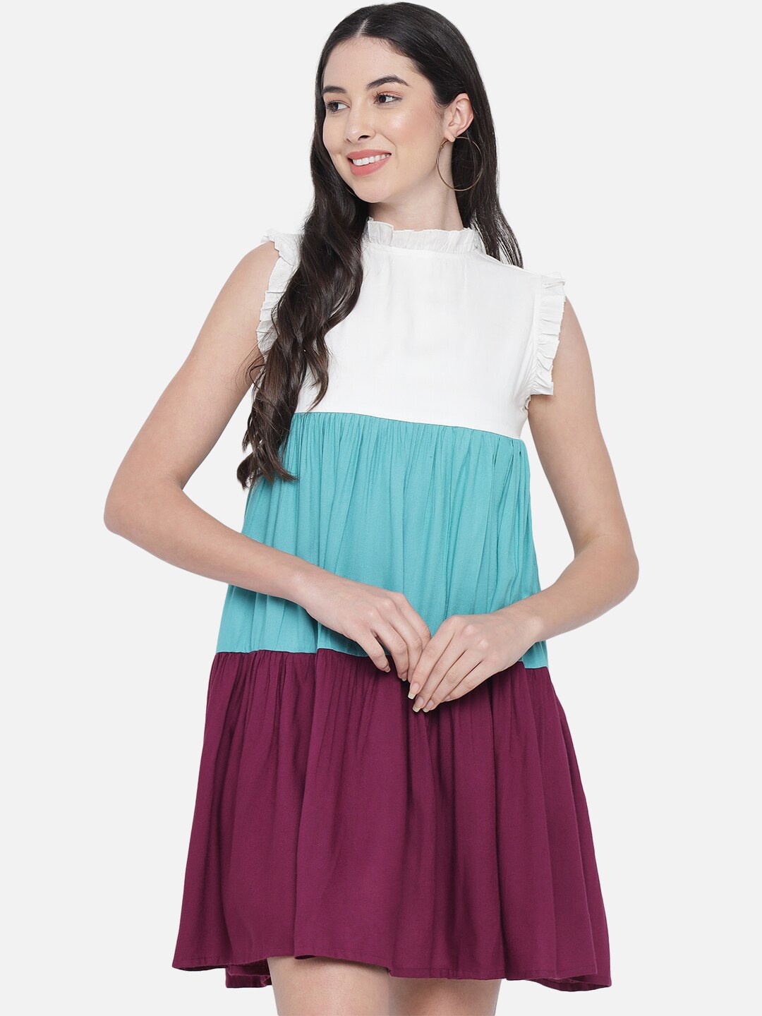 

The Dry State White & Blue Colourblocked A-Line Dress