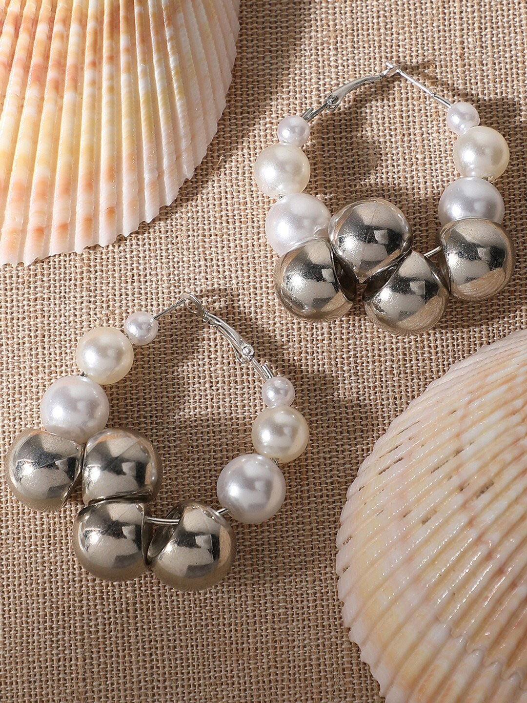 SOHI Silver-Toned & White Contemporary Hoop Earrings