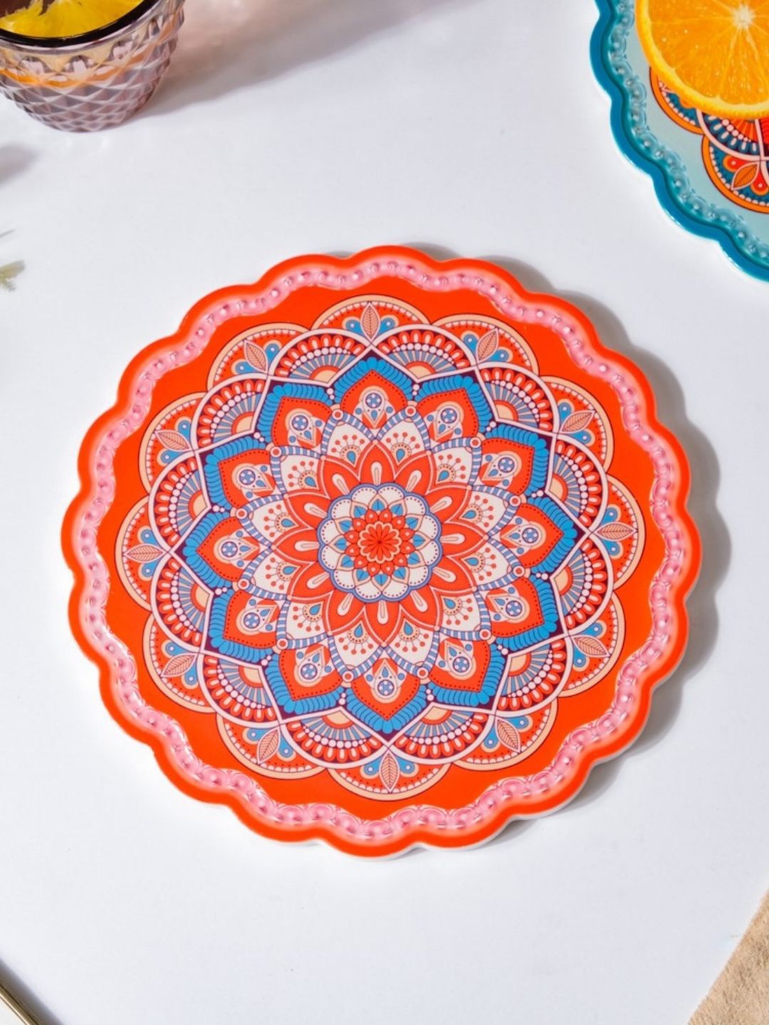 

Nestasia Orange Colored & Blue Floral Mandala Printed Ceramic Trivet
