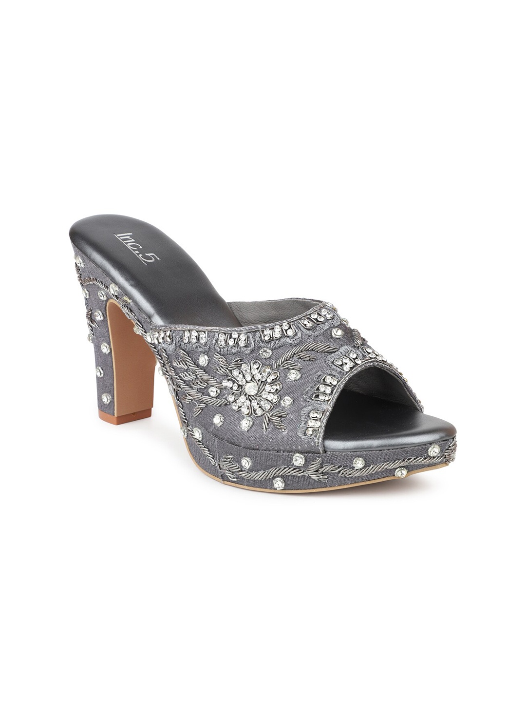 

Inc 5 Women Gunmetal-Toned Embellished Peep Toe Party Block Heels, Metallic
