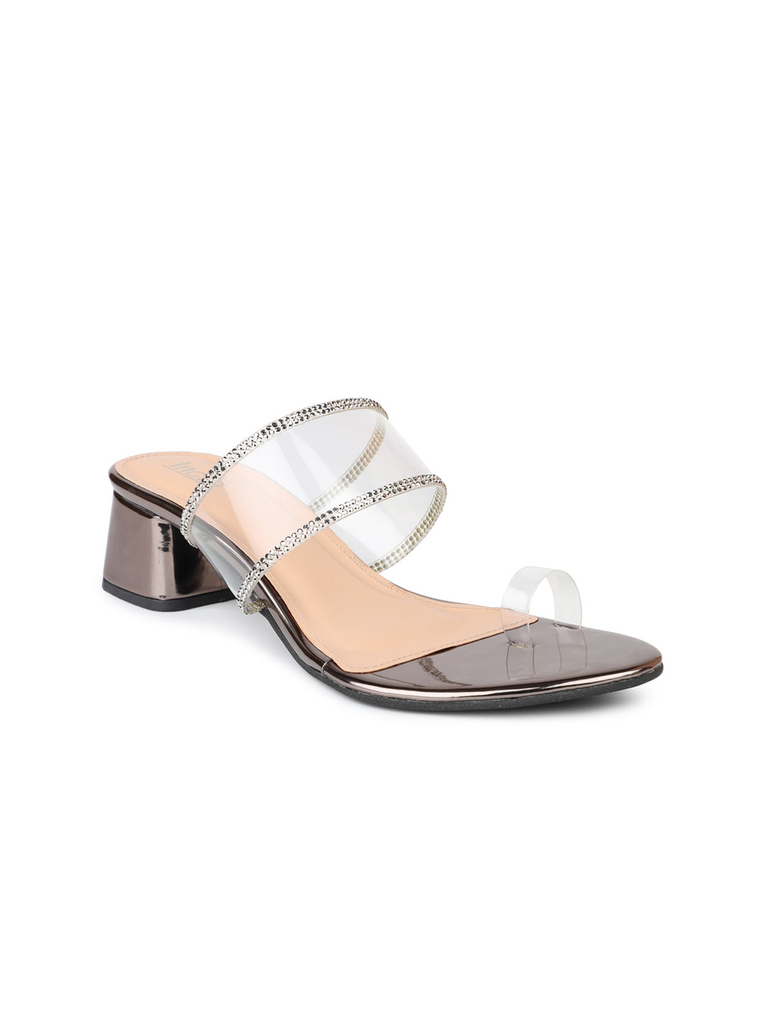 

Inc 5 Women Gunmetal-Toned & Black Embellished PU Block Heels, Metallic