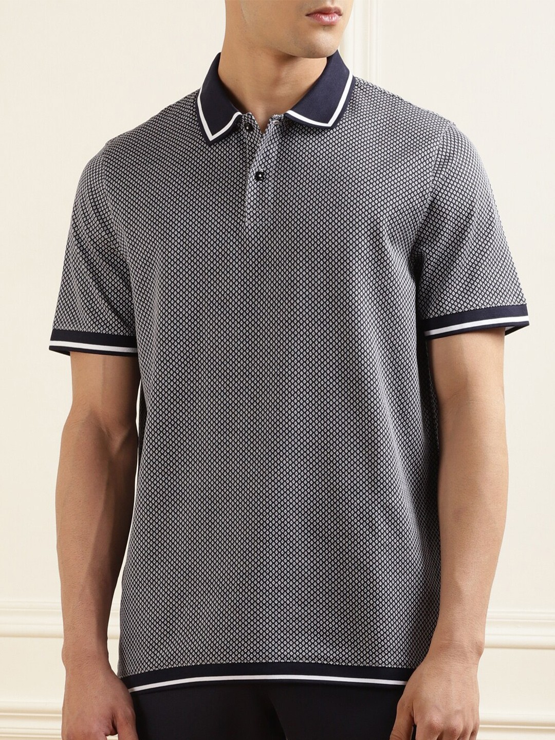 

Ted Baker Men Navy Blue & White Printed Pure Cotton Polo Collar T-shirt