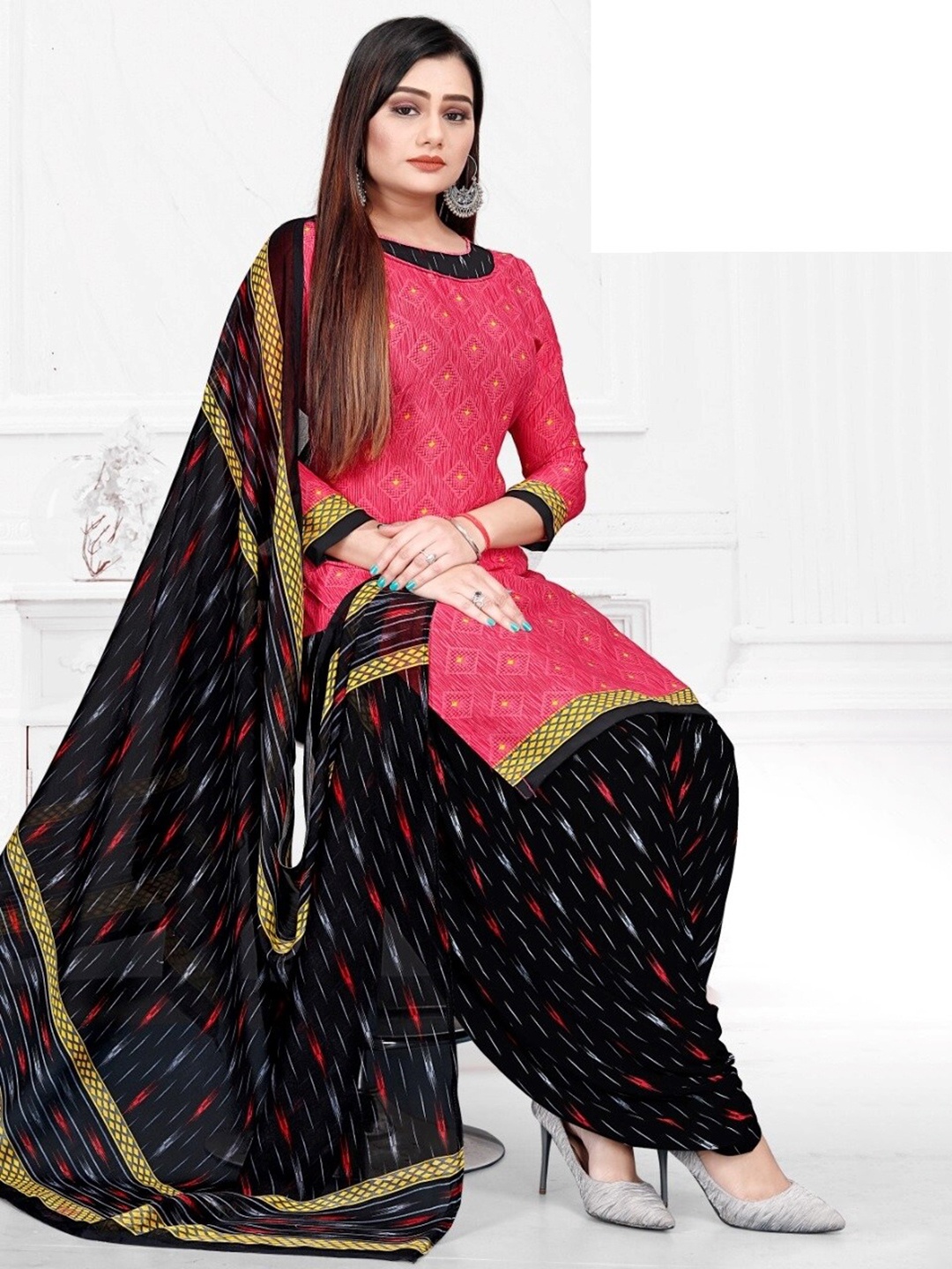 

INDIAN HERITAGE Pink & Black Printed Silk Crepe Unstitched Dress Material