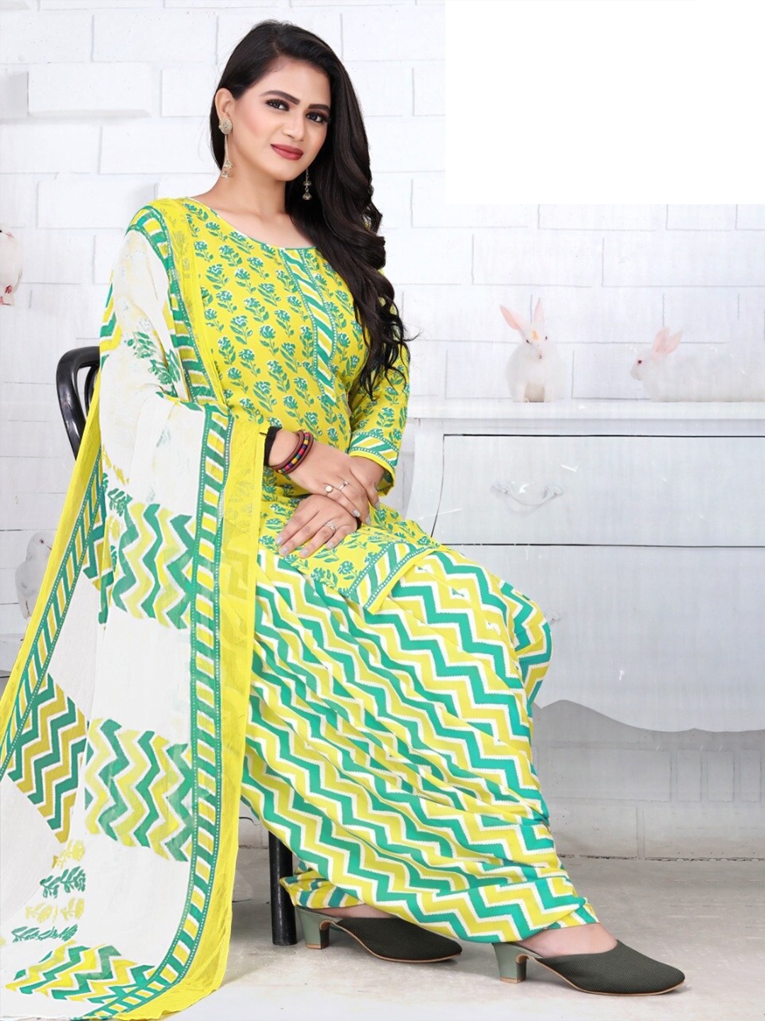 

INDIAN HERITAGE Yellow & White Printed Silk Crepe Unstitched Dress Material