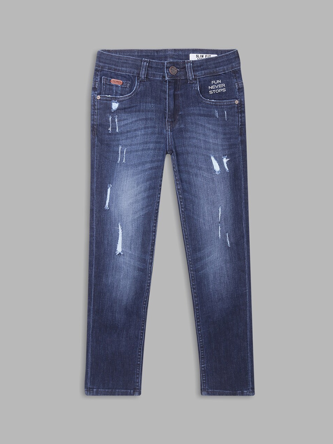 

Blue Giraffe Boys Blue Straight Fit Mildly Distressed Light Fade Stretchable Cotton Jeans