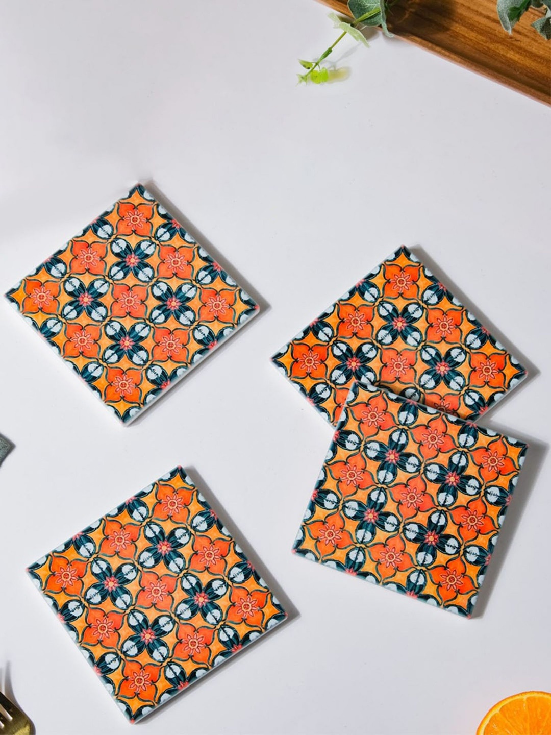 

Nestasia Set Of 4 Orange Coloured Floral Zellij Printed Coasters