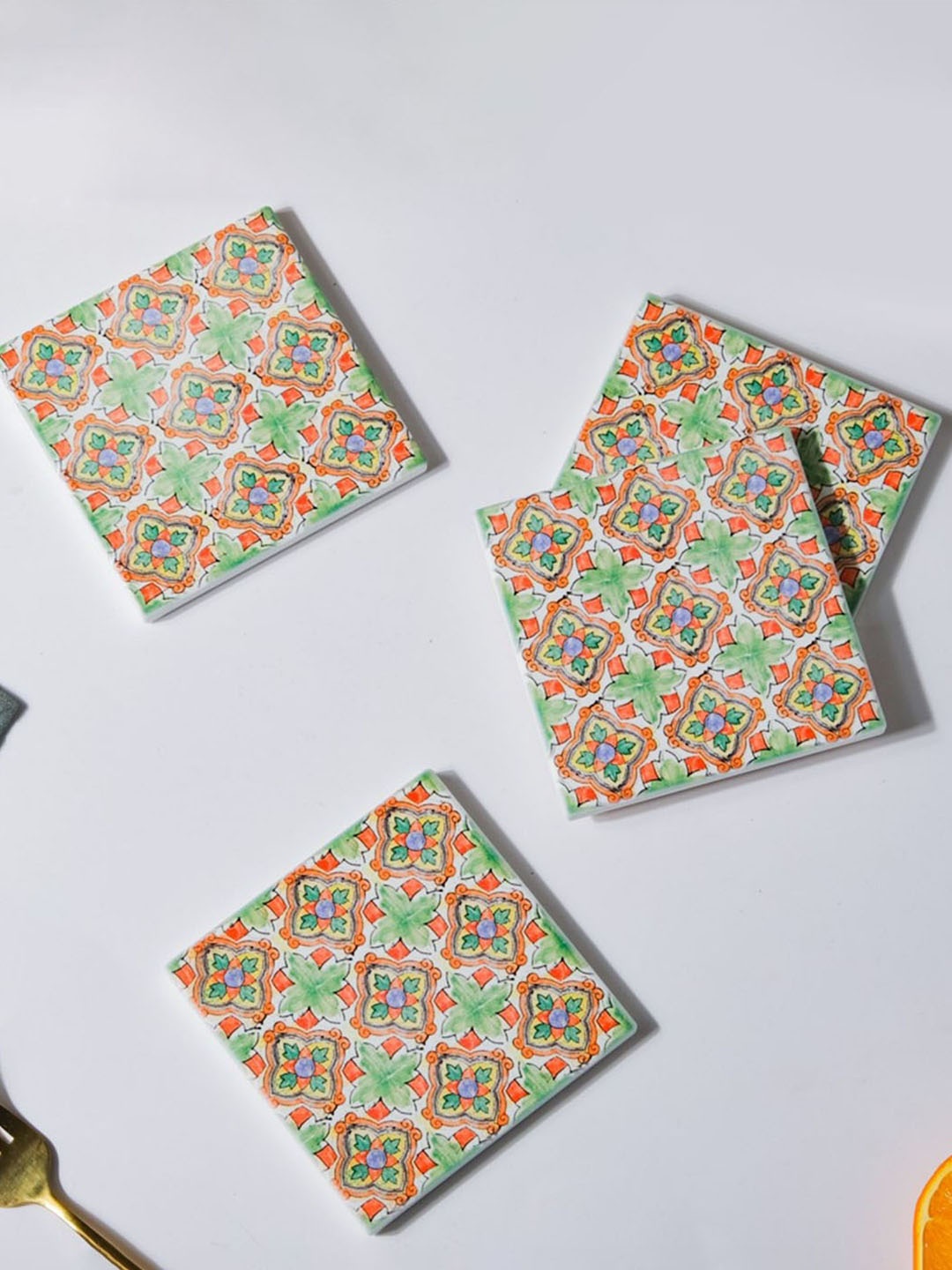 

Nestasia Green & Orange Set Of 4 Printed Spanish Tile Art Ceramic Coasters