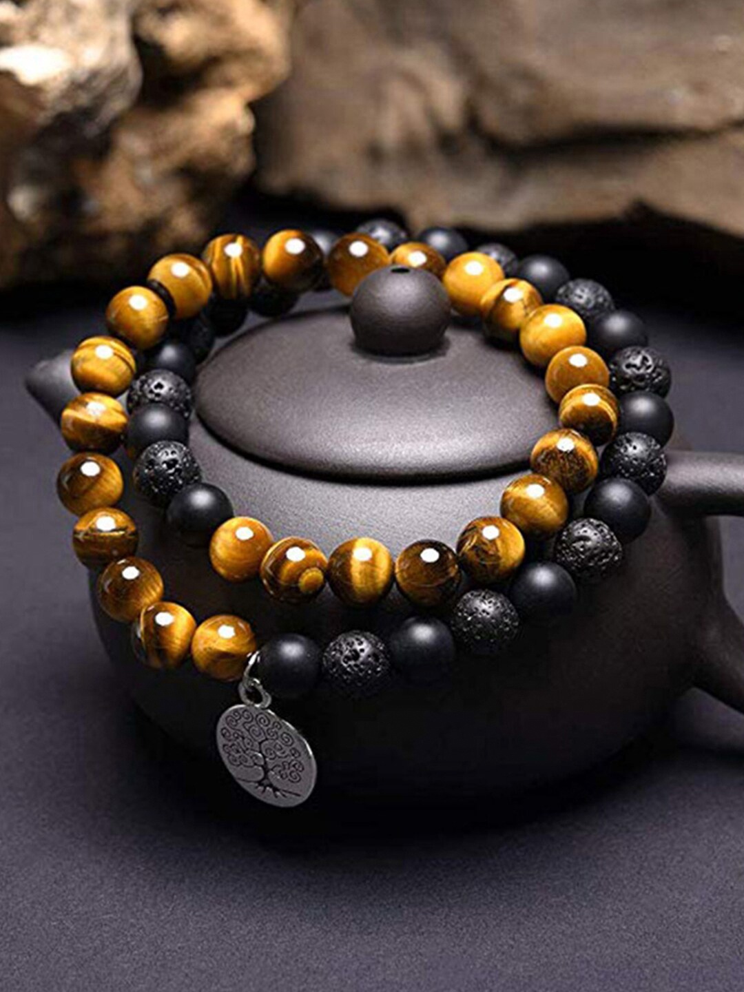 

Young & Forever Unisex Brown & Black Brass Tigers Eye Handcrafted Bracelet