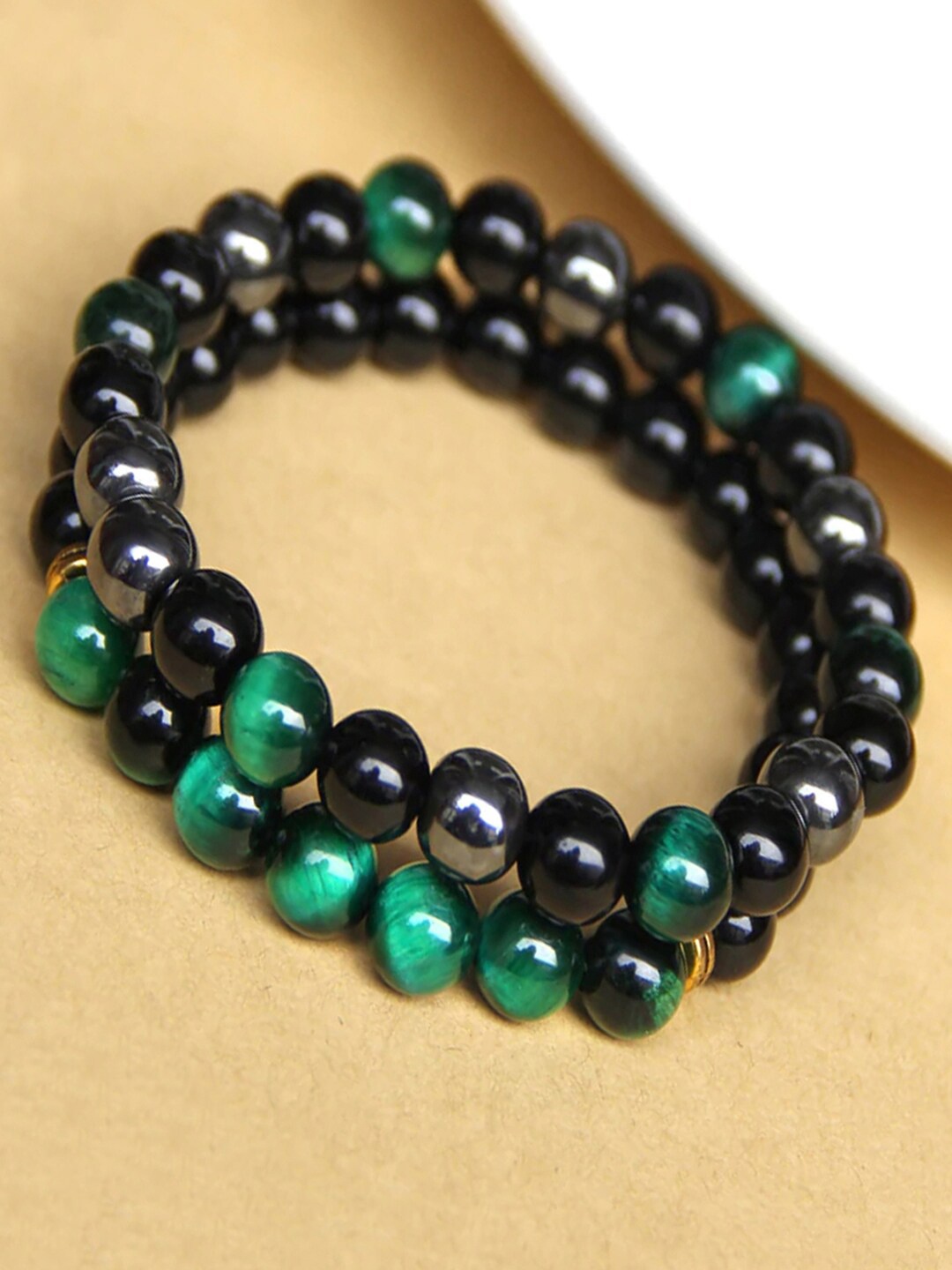 

Young & Forever Unisex 2 Green & Black Brass Tigers Eye Handcrafted Bracelet