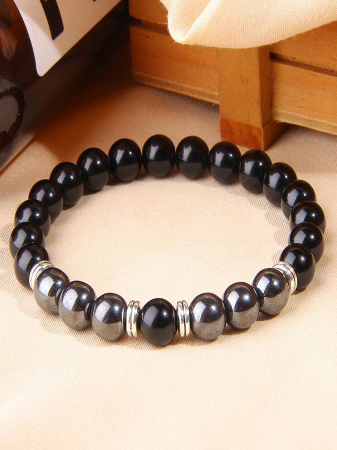 

Young & Forever Unisex Black & Silver-Toned Brass Onyx Handcrafted Brass-Plated Bracelet