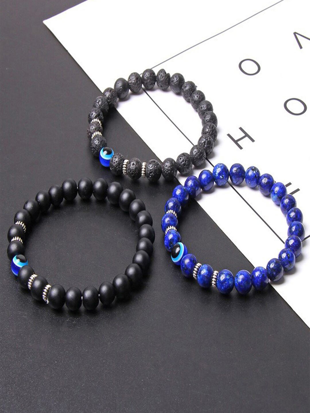 

Young & Forever Unisex 3 Navy Blue & Black Brass Lapis Lazuli Handcrafted Brass-Plated Bracelet