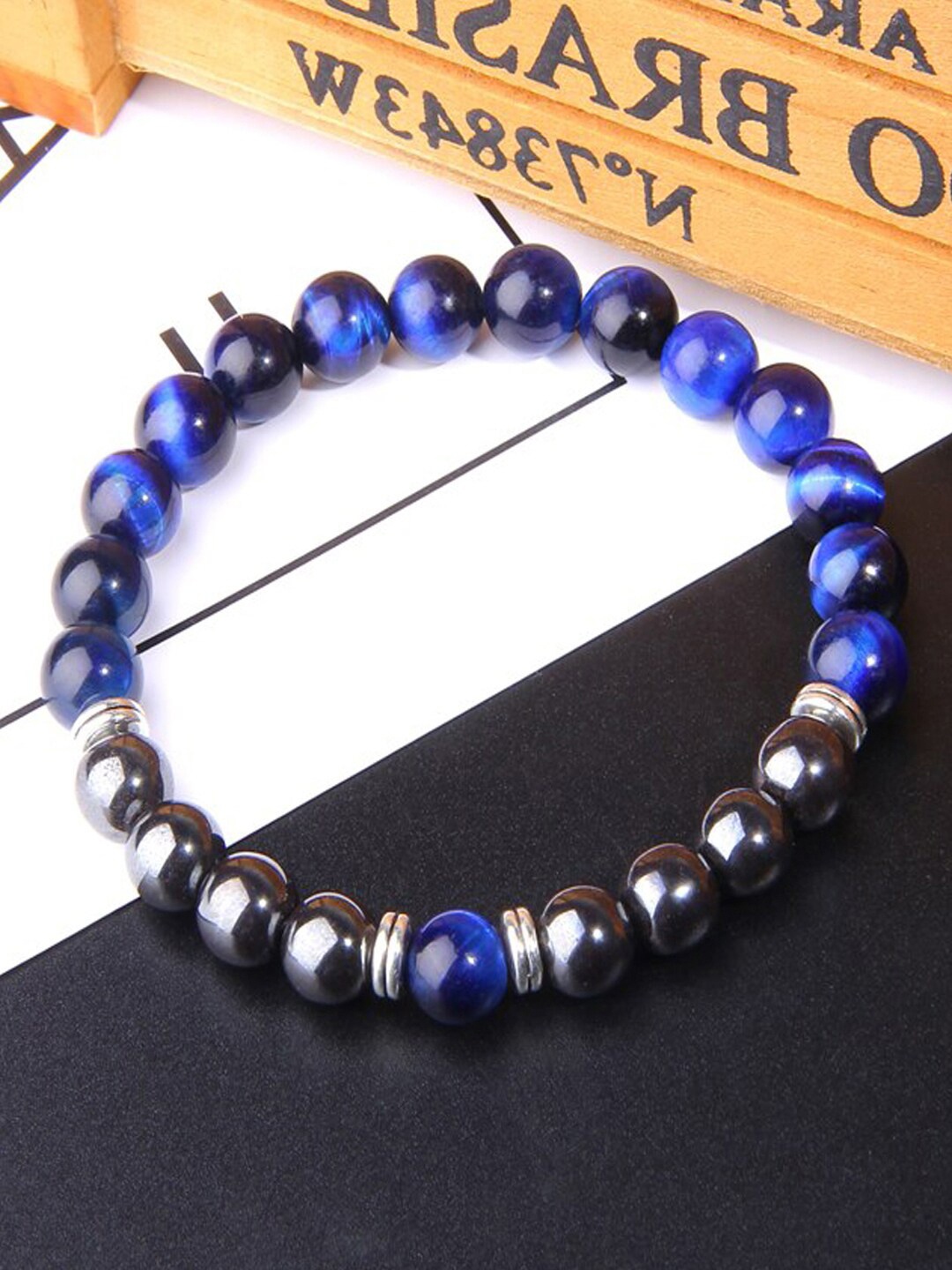 

Young & Forever Unisex Blue & Black Brass Tigers Eye Handcrafted Brass-Plated Bracelet