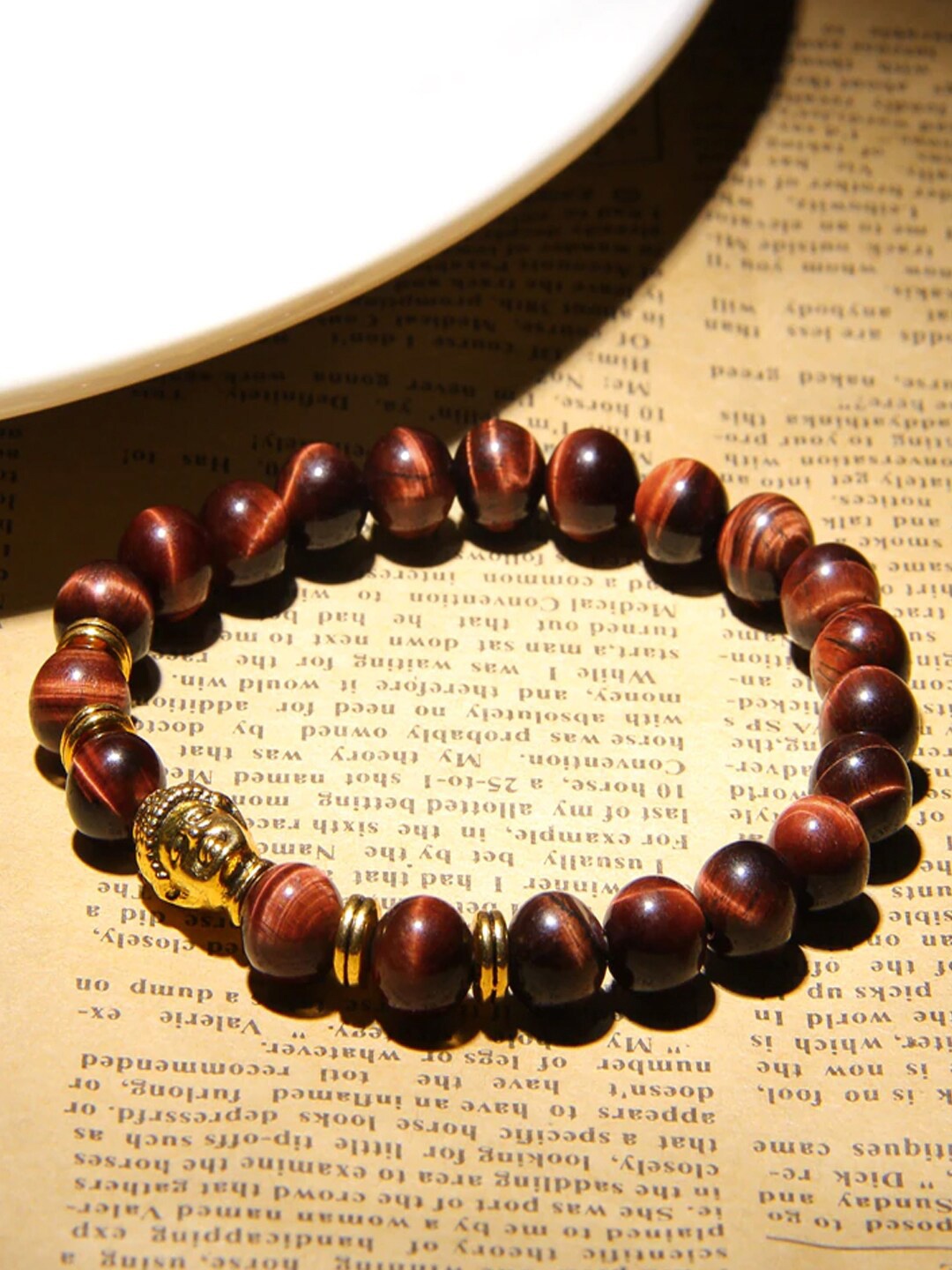 

Young & Forever Unisex Red & Gold-Toned Brass Tigers Eye Handcrafted Brass-Plated Bracelet