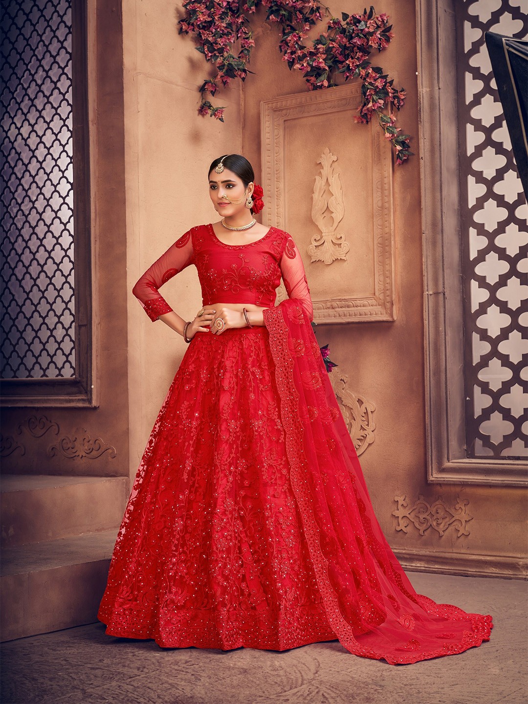 

Warthy Ent Red & Silver-Toned Embroidered Thread Work Semi-Stitched Lehenga & Unstitched Blouse With Dupatta