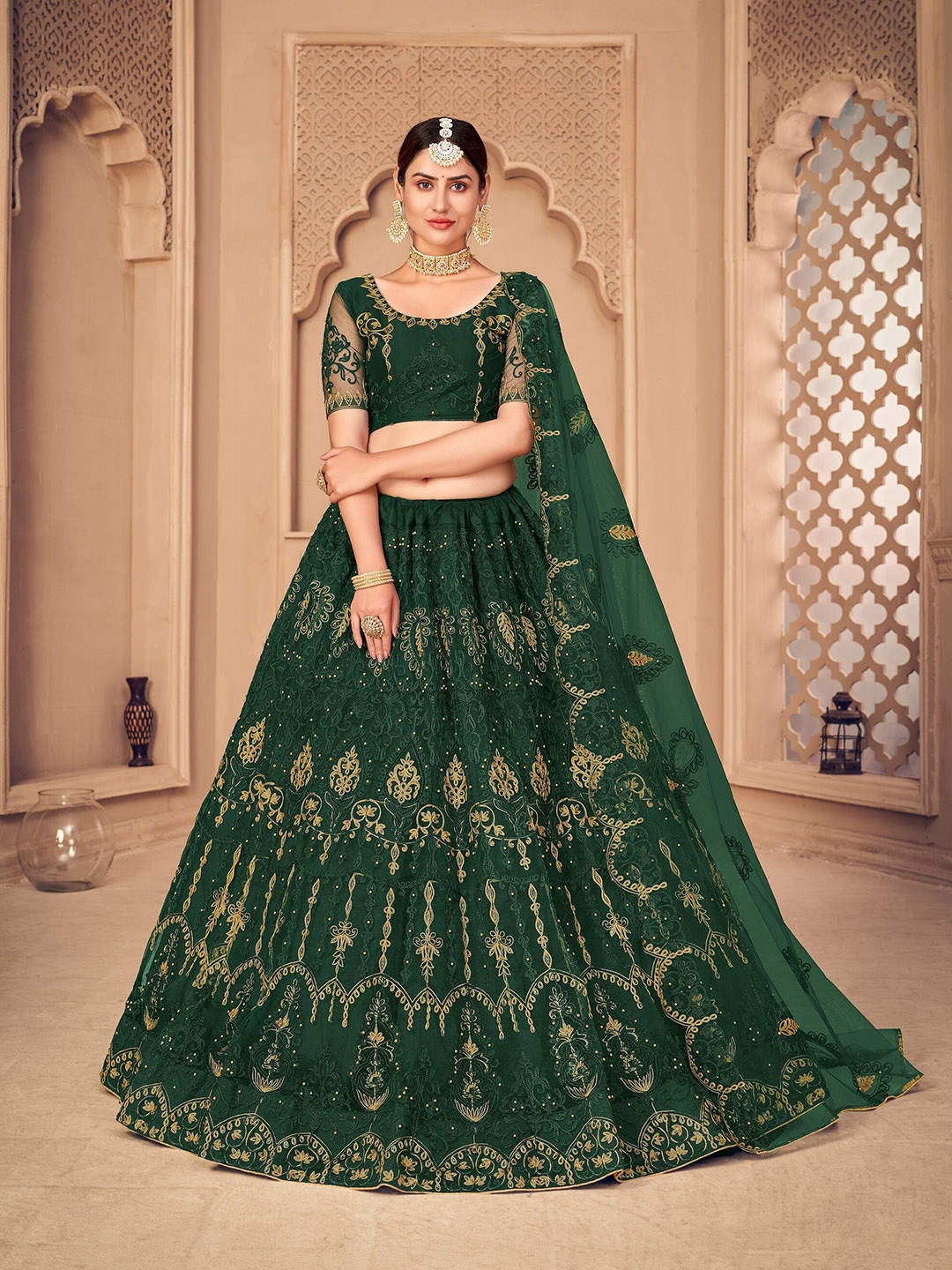 

Warthy Ent Green & Gold-Toned Embroidered Thread Work Semi-Stitched Lehenga & Unstitched Blouse With Dupatta