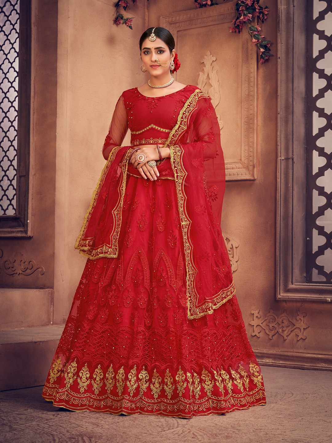 

Warthy Ent Red & Gold-Toned Embroidered Thread Work Semi-Stitched Lehenga & Unstitched Blouse With Dupatta
