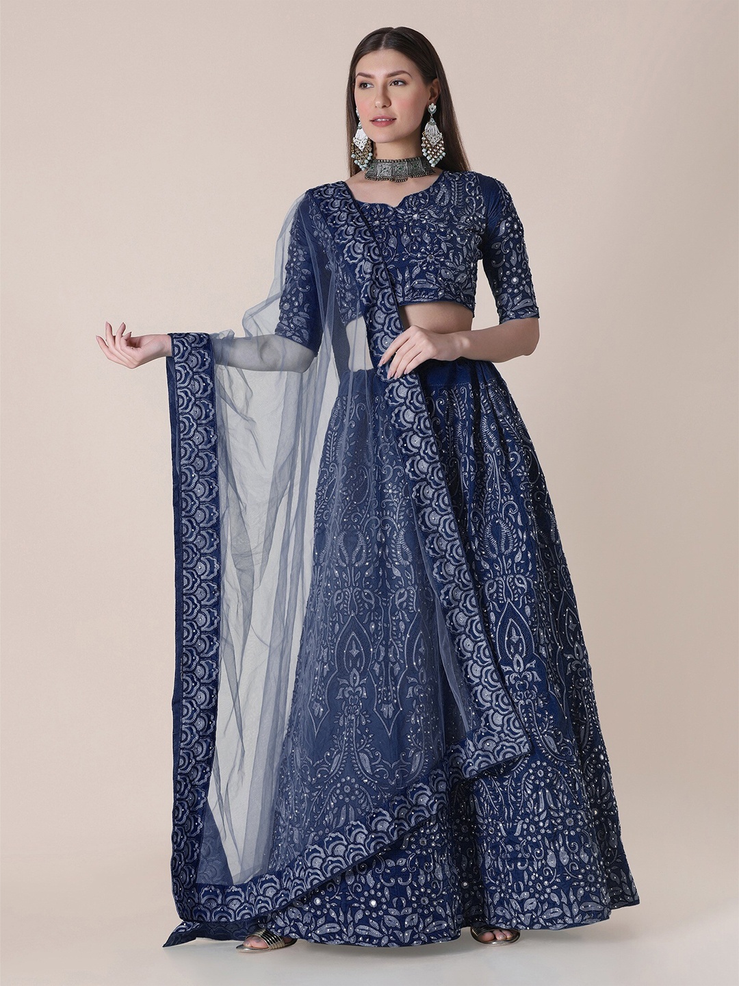 

Warthy Ent Blue & Silver-Toned Embroidered Thread Work Semi-Stitched Lehenga & Unstitched Blouse With