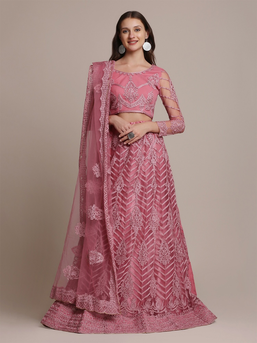 

Warthy Ent Pink & Silver-Toned Embroidered Thread Work Semi-Stitched Lehenga & Unstitched Blouse With