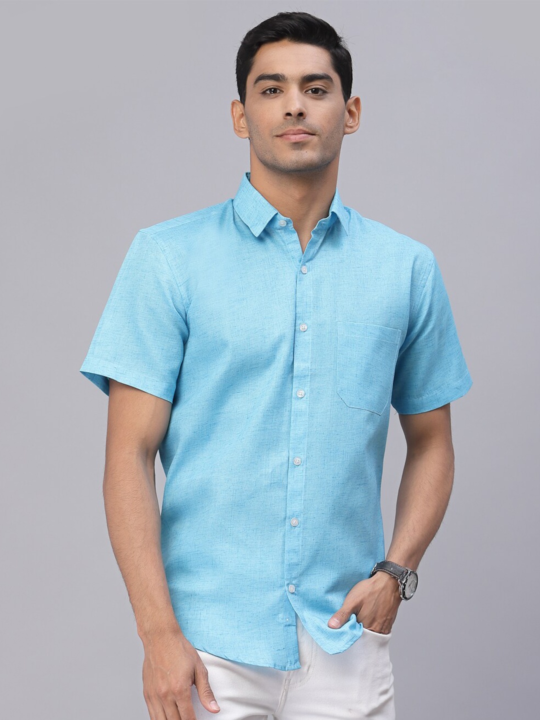 

NEUDIS Men Turquoise Blue Standard Casual Cotton Shirt