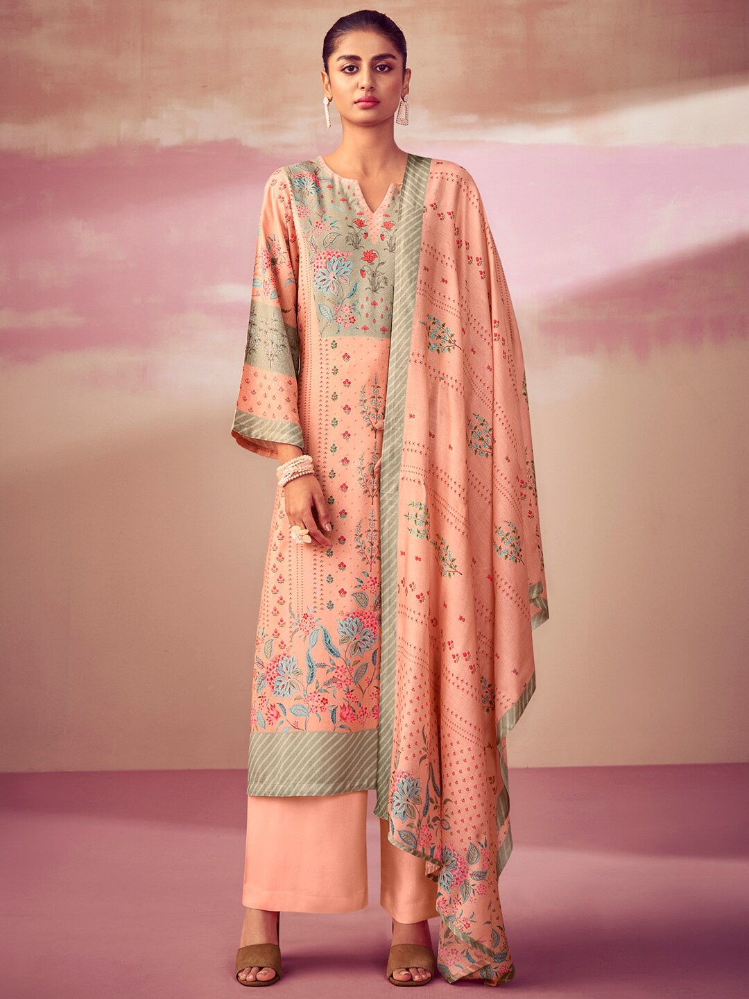

Stylee LIFESTYLE Peach-Coloured & Green Printed Unstitched Dress Material