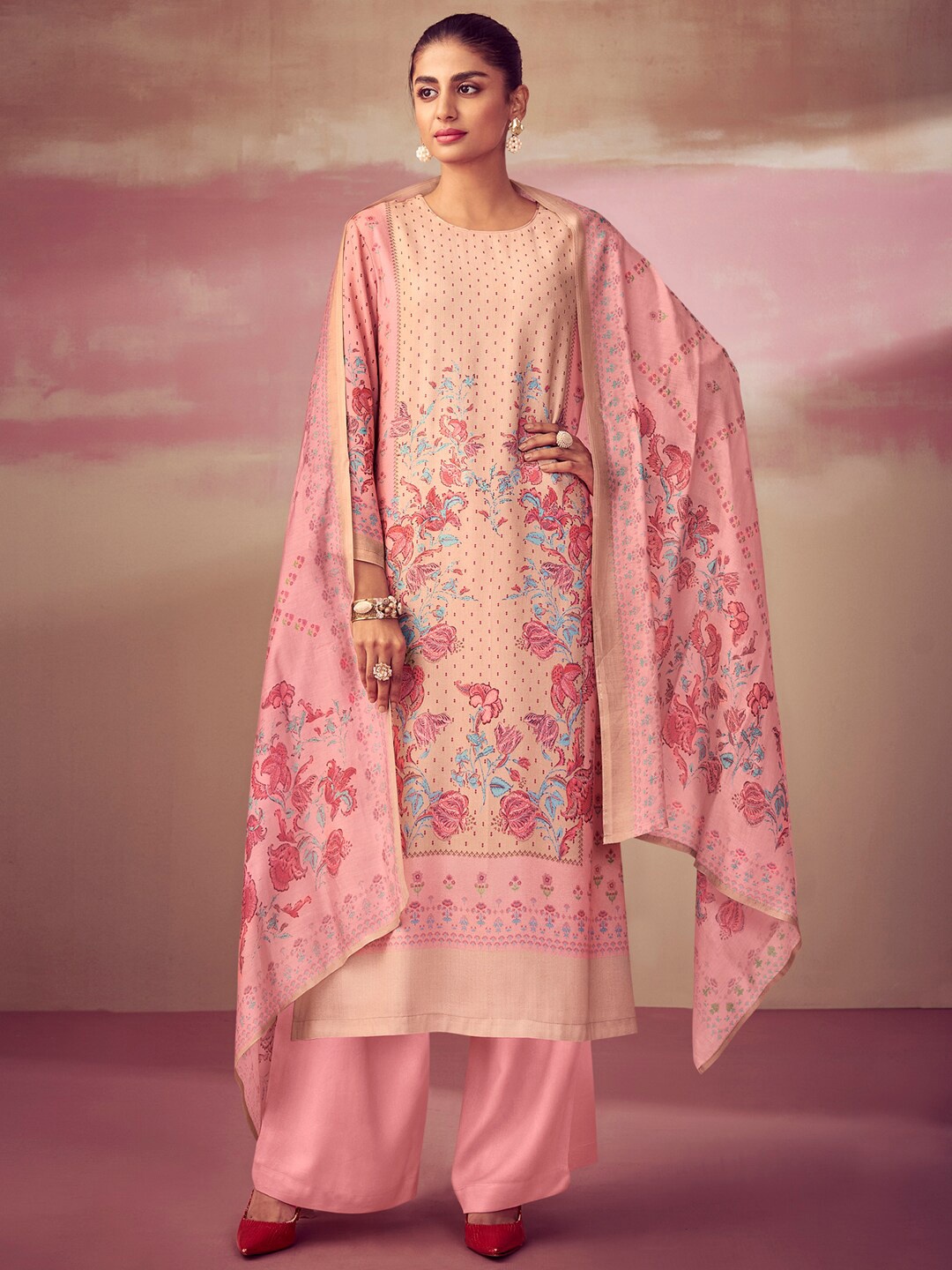 

Stylee LIFESTYLE Pink & Red Printed Unstitched Dress Material