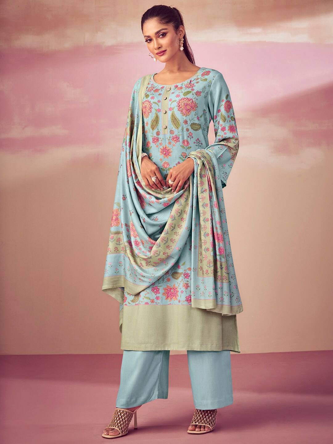 

Stylee LIFESTYLE Turquoise Blue & Red Printed Unstitched Dress Material