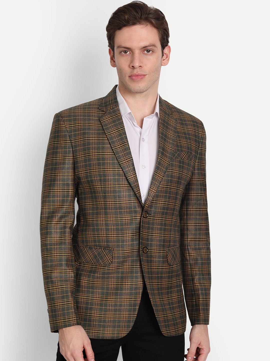 

TrulyFeb Men Green Checked Single Breasted Slim-Fit Formal Blazer, Black