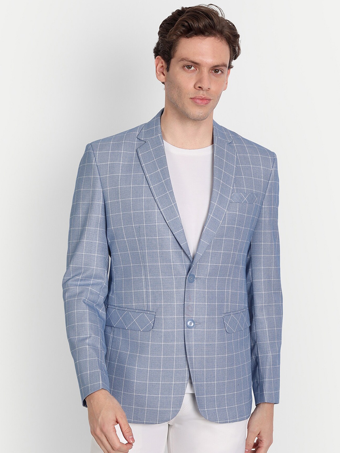 

TrulyFeb Men Blue Checked Single-Breasted Formal Blazer