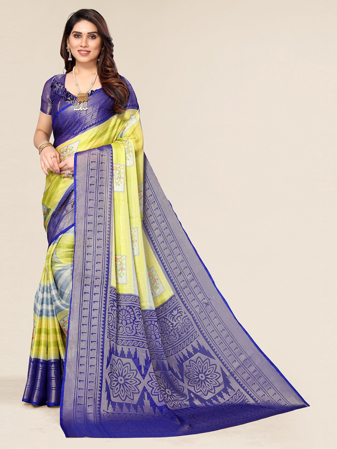 

Winza Designer Blue & Green Zari Brasso Leheriya Saree