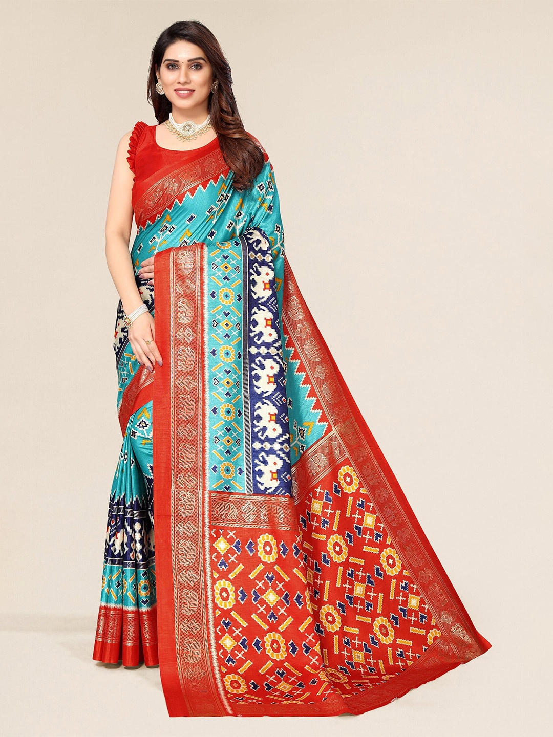 

Winza Designer Teal & Red Floral Zari Silk Cotton Mysore Silk Saree