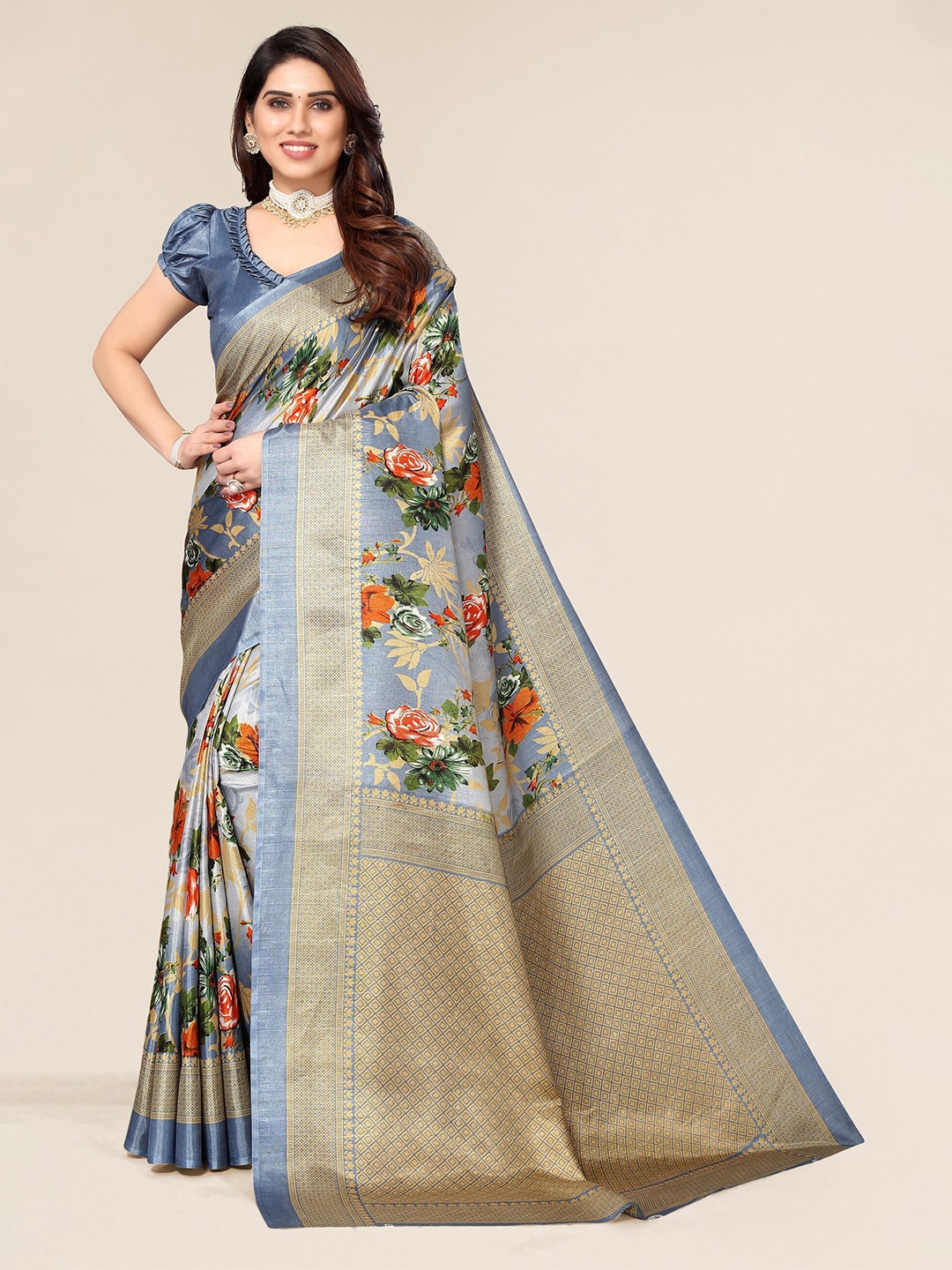 

Winza Designer Grey & Green Floral Zari Silk Cotton Mysore Silk Saree