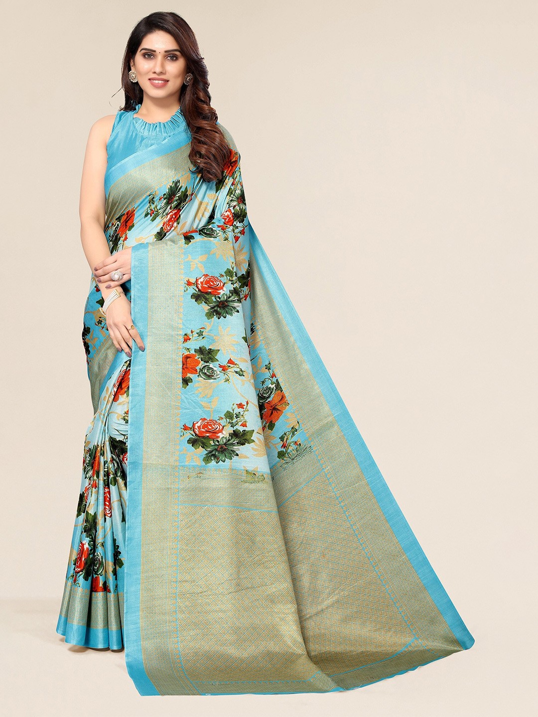 

Winza Designer Turquoise Blue & Red Floral Zari Silk Cotton Fusion Mysore Silk Saree