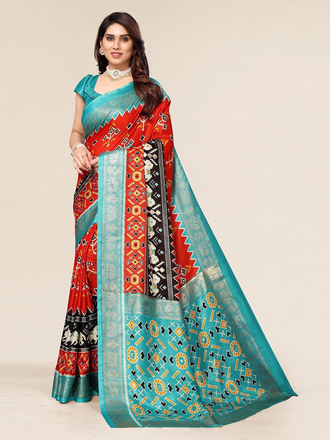 

Winza Designer Red & Grey Floral Zari Silk Cotton Mysore Silk Saree
