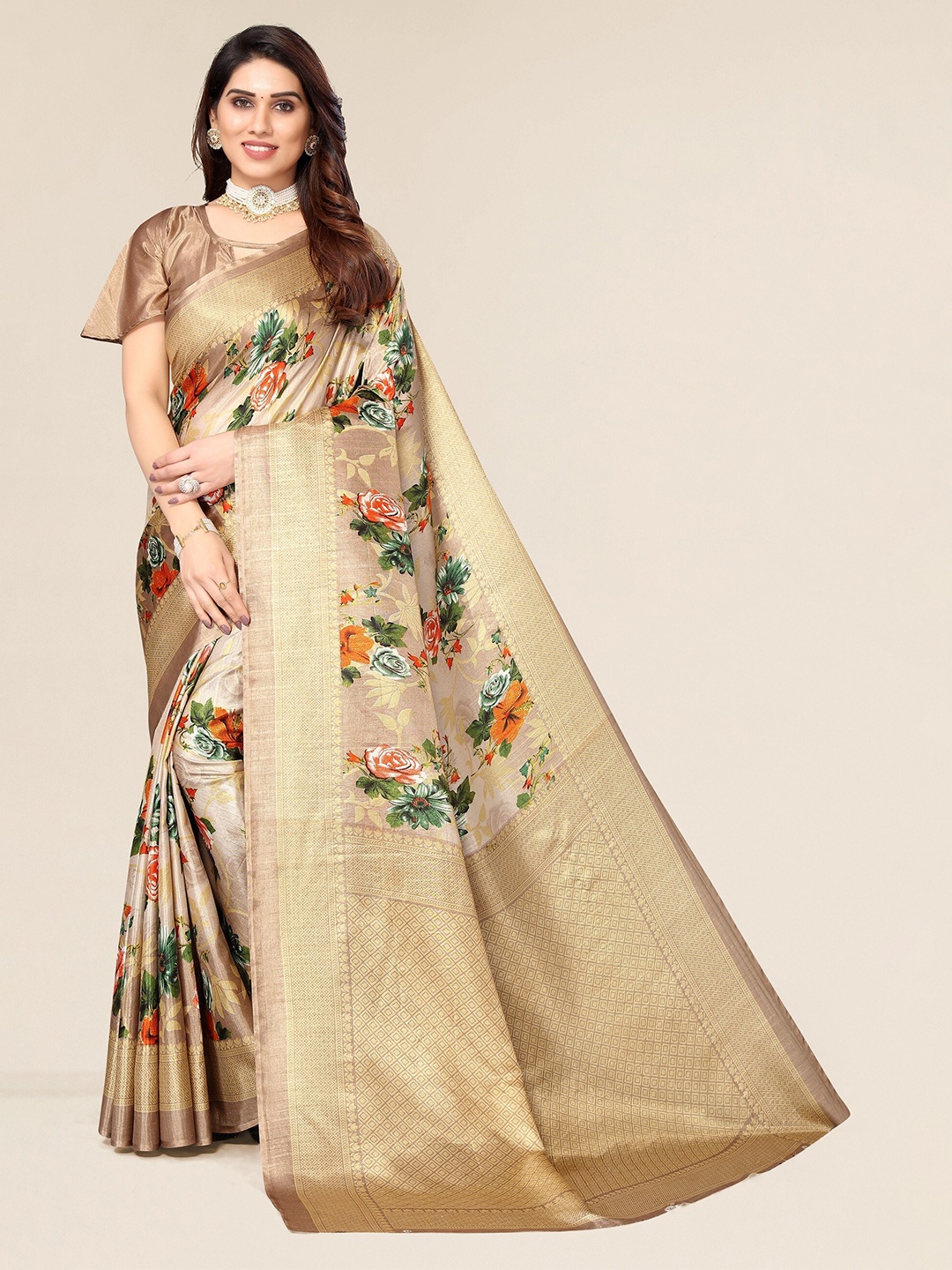 

Winza Designer Brown & Green Floral Zari Silk Cotton Mysore Silk Saree