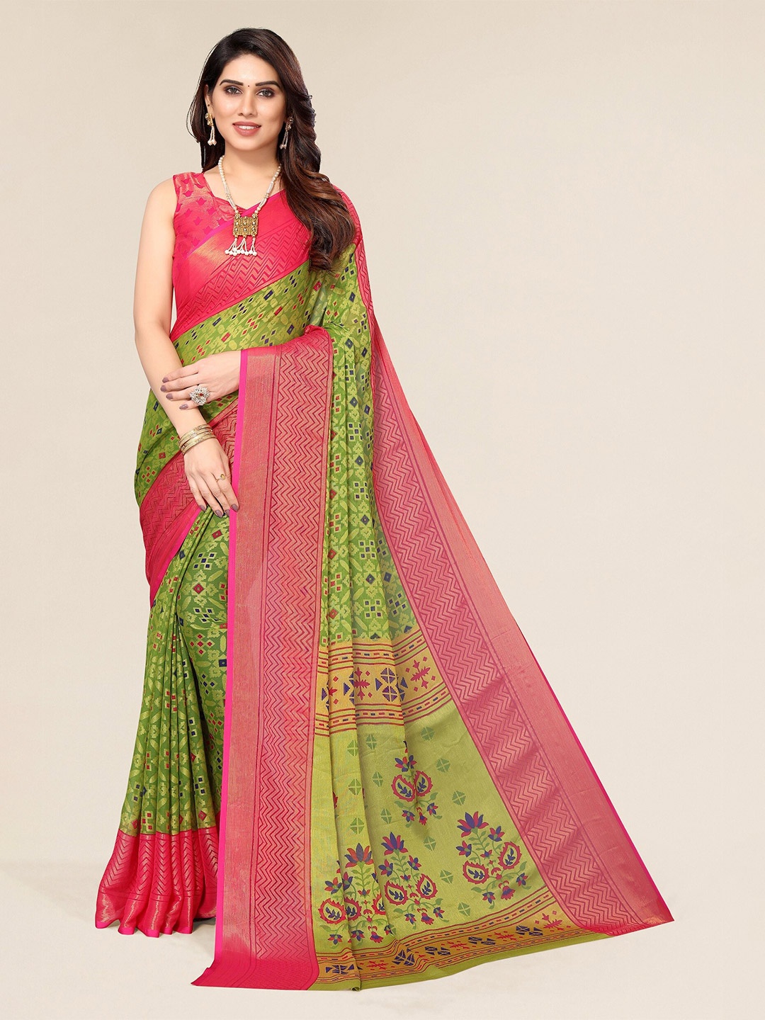 

Winza Designer Green & Pink Floral Zari Brasso Bhagalpuri Saree