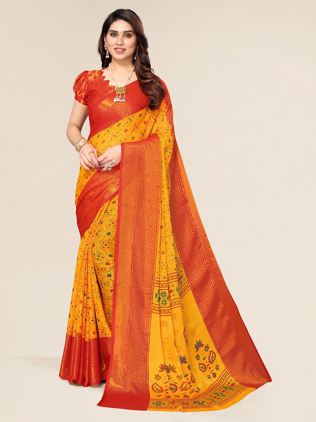 

Winza Designer Mustard & Red Ethnic Motifs Zari Brasso Bhagalpuri Saree