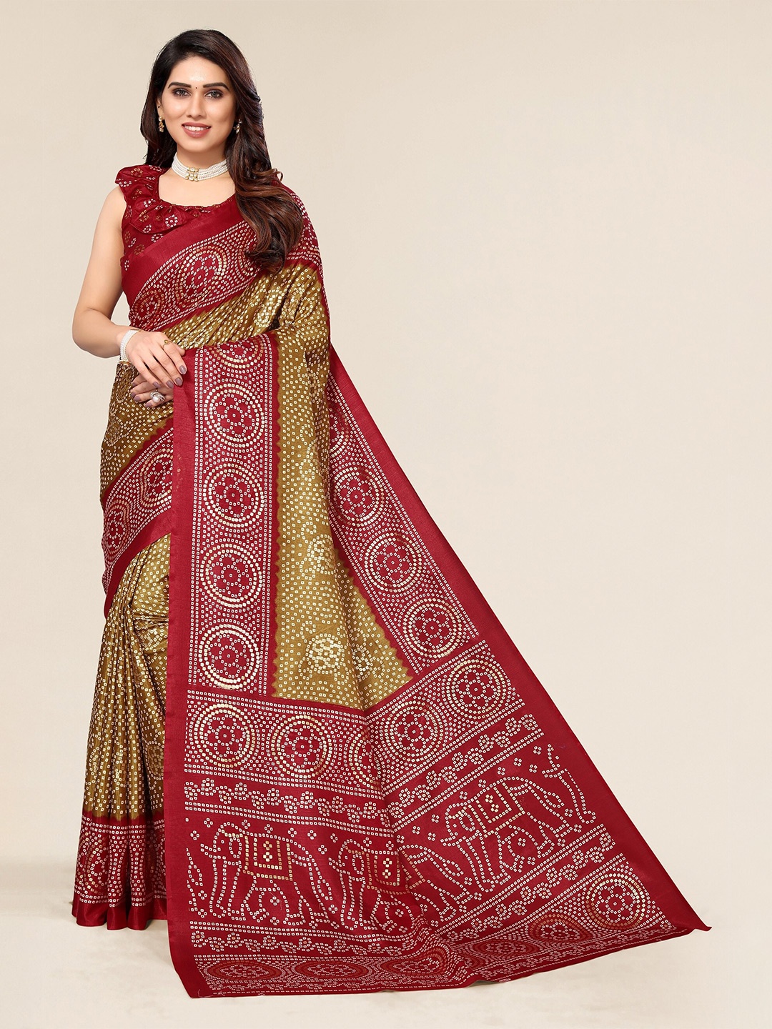 

Winza Designer Beige & Red Bandhani Silk Cotton Mysore Silk Saree