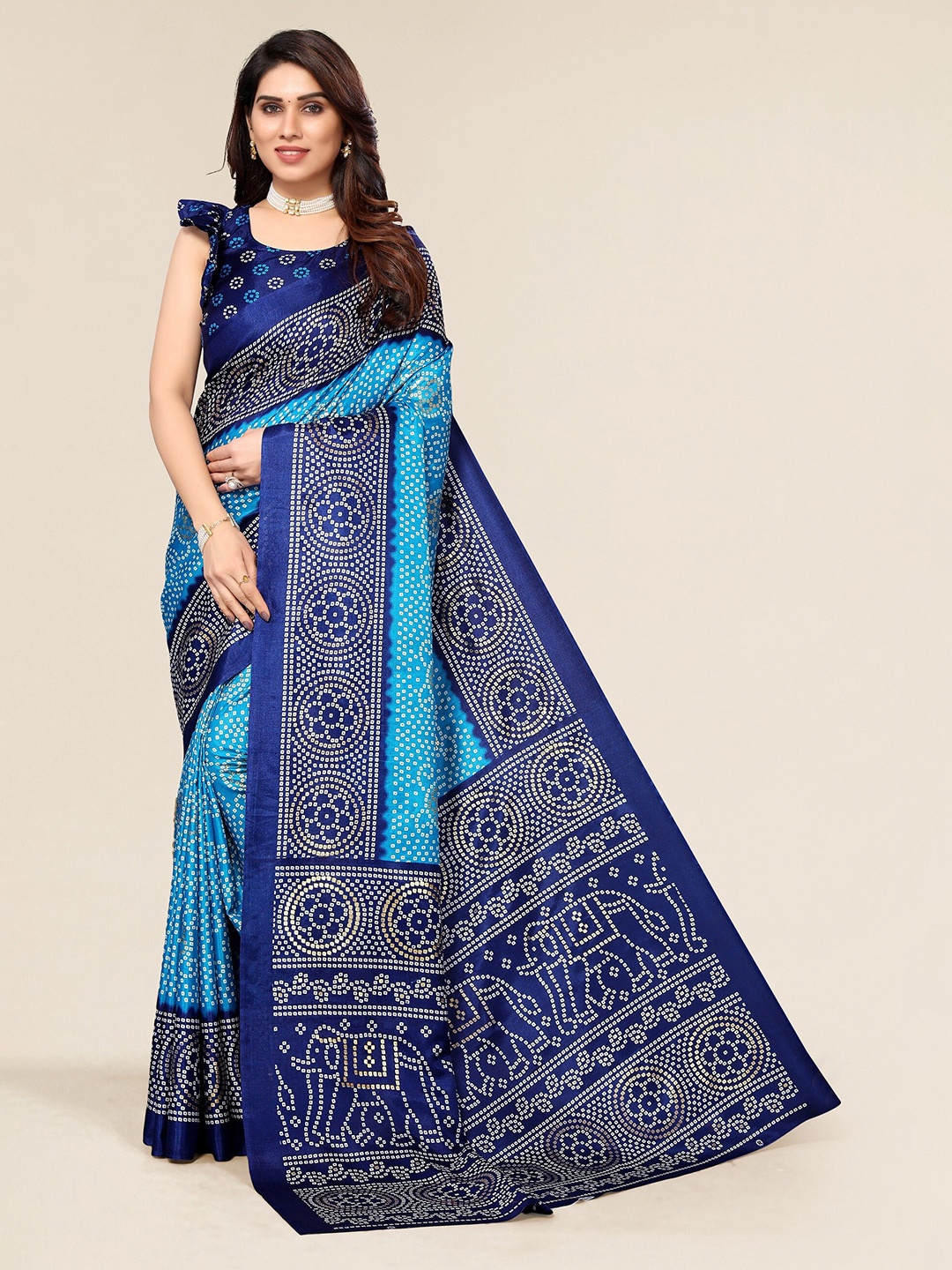 

Winza Designer Turquoise Blue & Navy Blue Bandhani Silk Cotton Mysore Silk Saree