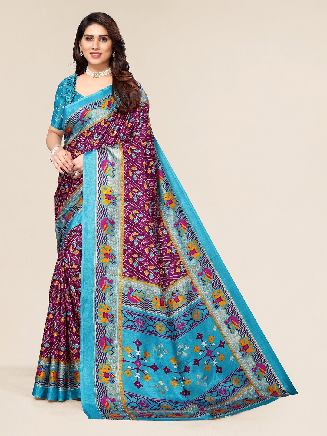 

Winza Designer Magenta & Blue Ethnic Motifs Silk Cotton Mysore Silk Saree