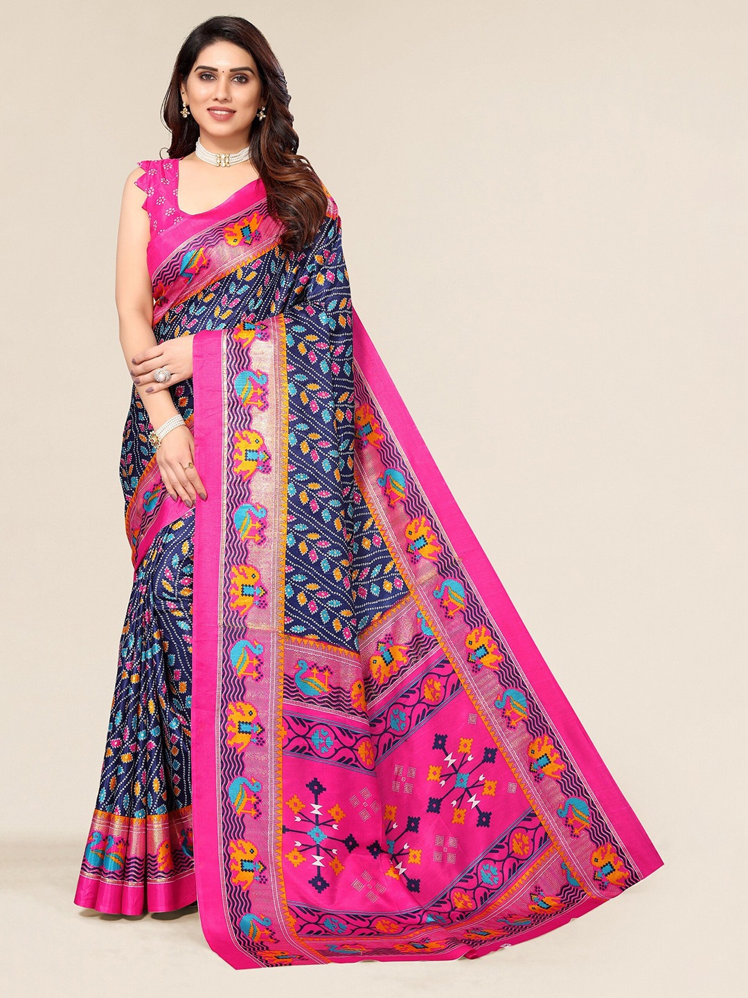 

Winza Designer Navy Blue & Pink Ethnic Motifs Silk Cotton Mysore Silk Saree