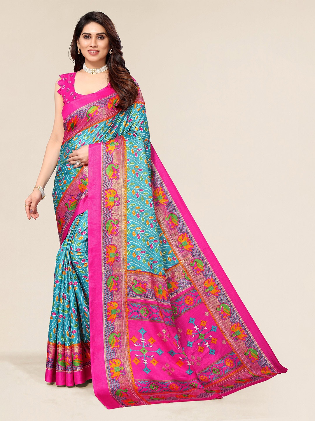 

Winza Designer Turquoise Blue & Pink Ethnic Motifs Silk Cotton Mysore Silk Saree
