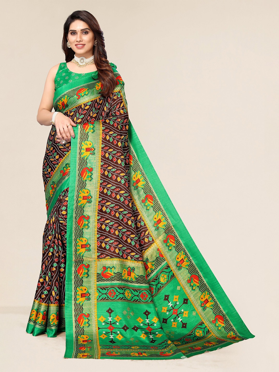 

Winza Designer Brown & Green Bandhani Zari Silk Cotton Mysore Silk Saree